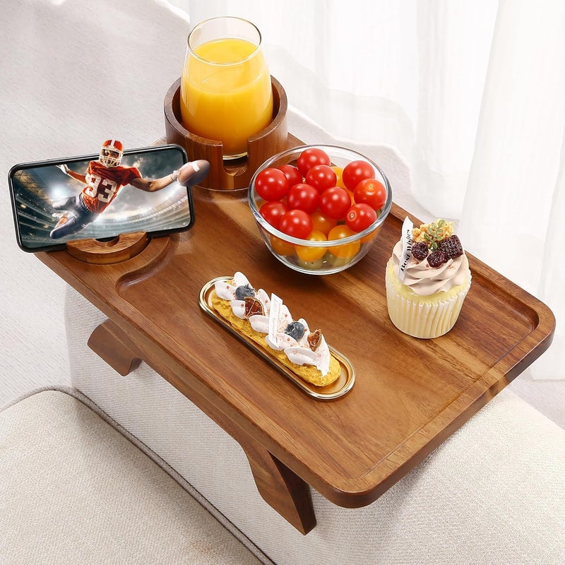 Acanacle Couch Armrest Table Acacia with 360°Rotating Phone & Cup Holders,15.4" x 9.8", 3-in-1 Sofa Arm Tray Clip-On Couch Tray for Drinks & Snacks - Image 1